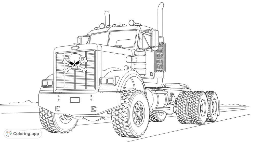 Unleash your creativity with this custom Pete bolt 379 truck coloring page, featuring a lifted chassis, rugged tires, and a striking skull emblem on the hood.
