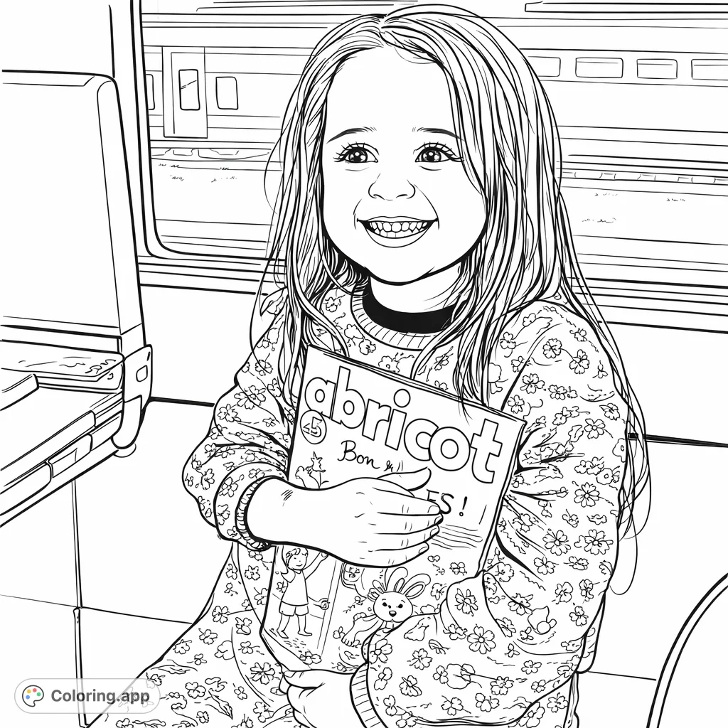 Capture the delight of a young girl on a train, happily engrossed in her magazine. This charming coloring page features intricate patterns and a lively scene.