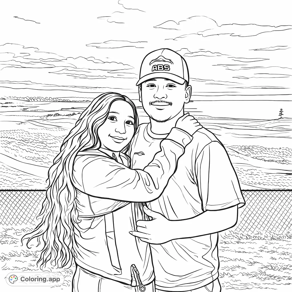 A heartwarming portrait of a couple embracing amidst a scenic landscape with rolling hills, a winding path, and a distant body of water under a cloudy sky.
