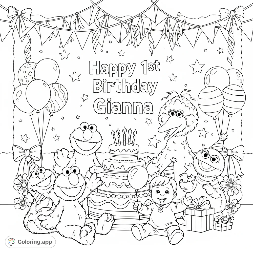 Celebrate Gianna's 1st birthday with beloved Sesame Street friends Elmo, Cookie Monster, Big Bird, and Oscar, surrounded by festive decorations!