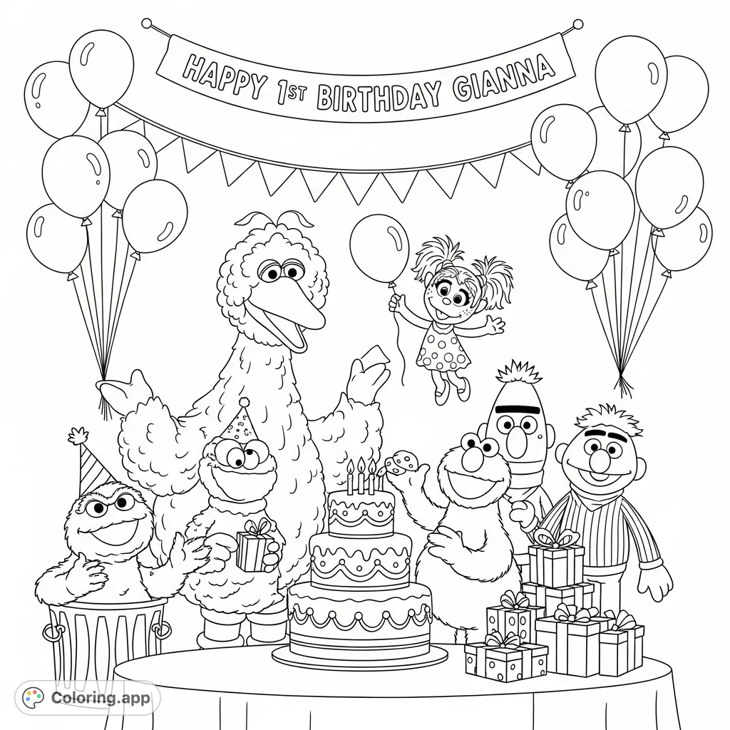 Join Elmo, Big Bird, and friends for Gianna's 1st birthday! A joyful Sesame Street party scene with cake, balloons, and beloved characters.