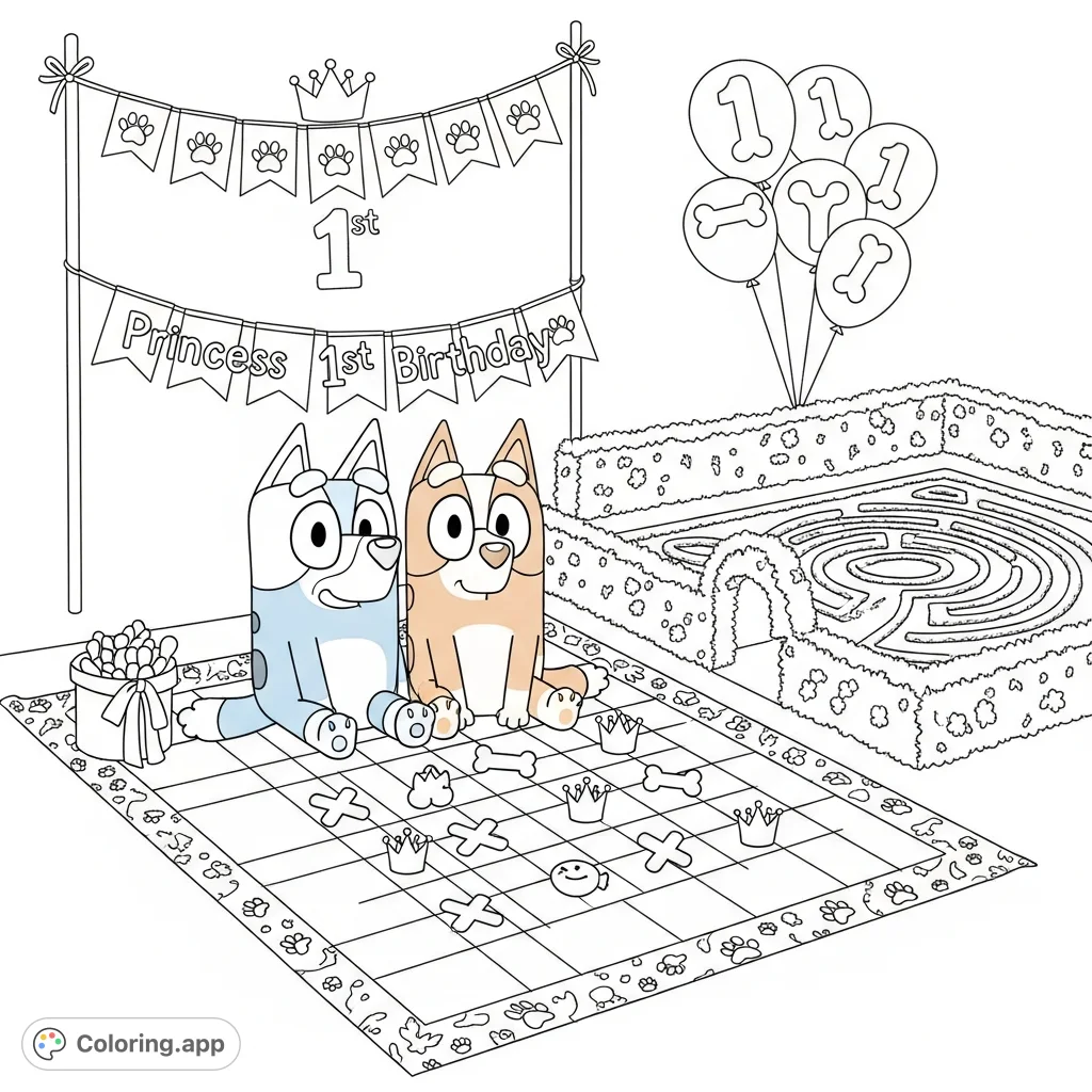 Join Bluey and Bingo's 1st birthday party! This festive coloring page features playful characters, a tic-tac-toe game, charming garden maze, and fun decorations.