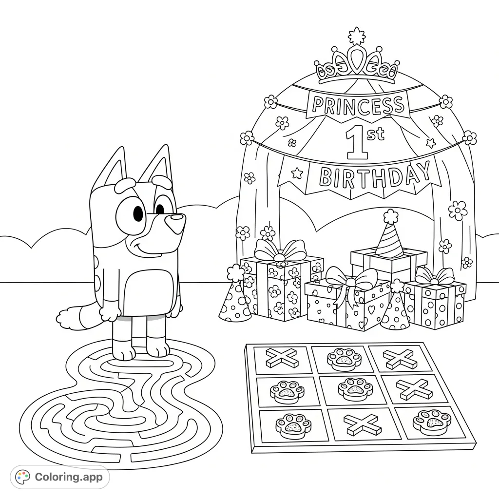 Join Bluey at a fun birthday party featuring a winding maze, tic-tac-toe with paw prints, a "Princess 1st Birthday" banner, gifts, and party hats.