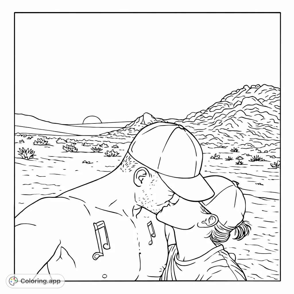 A heartwarming scene of two individuals sharing a kiss in a vast desert landscape with mountains and sparse vegetation. Perfect for a romantic coloring page.