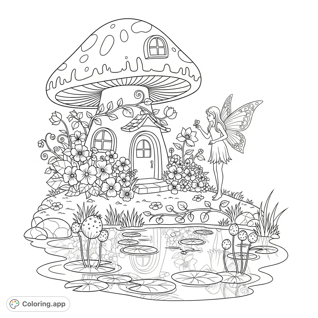 A delightful fantasy coloring page featuring a whimsical fairy, a charming mushroom house surrounded by flowers, and a tranquil magical pond. Perfect for all ages.