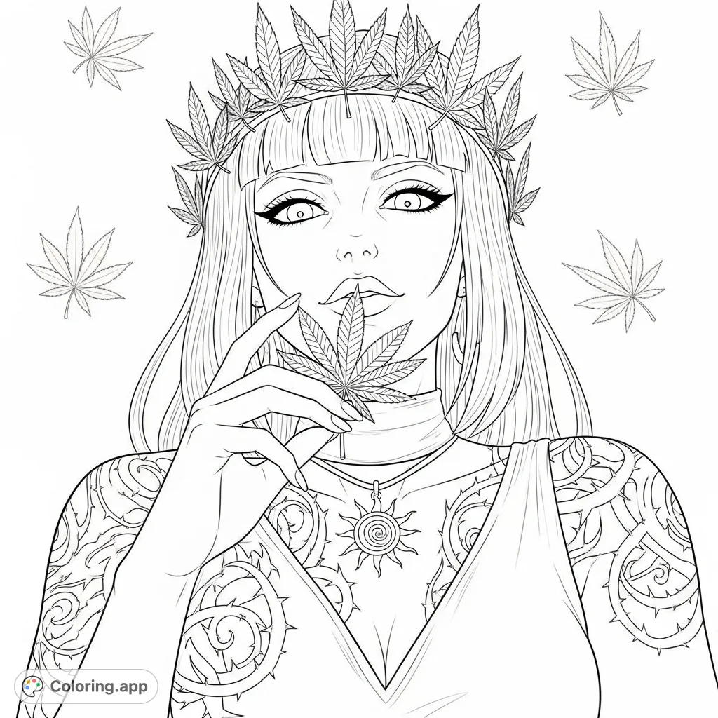 A majestic gothic goddess gazes down, her face framed by bangs. She holds an intricately patterned leaf, adorned with a sun pendant and sprawling energy tattoos.