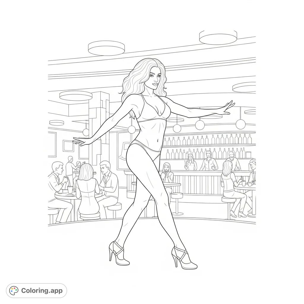 A seductive stripper takes center stage, posing and strutting confidently in a lively nightclub scene, offering an exciting and mature coloring page experience.