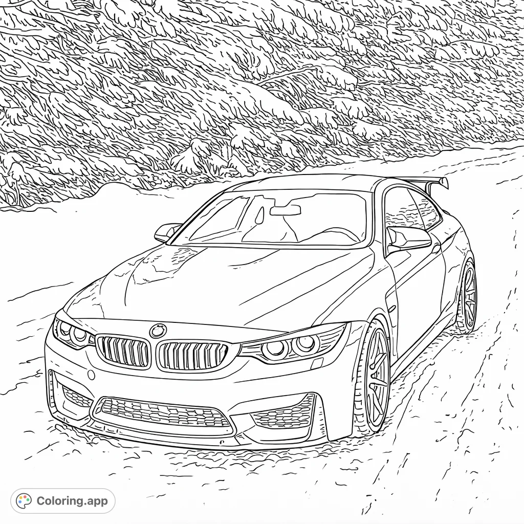 Color a powerful sports car parked on a snowy road, surrounded by frost-covered evergreen trees. A dynamic winter scene awaits your artistic touch.