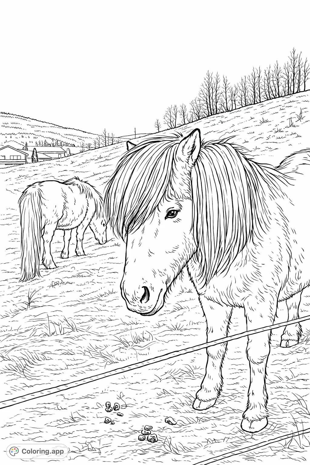 Discover a serene winter scene featuring two majestic horses in a snowy field. Perfect for animal lovers and those seeking peaceful nature coloring.