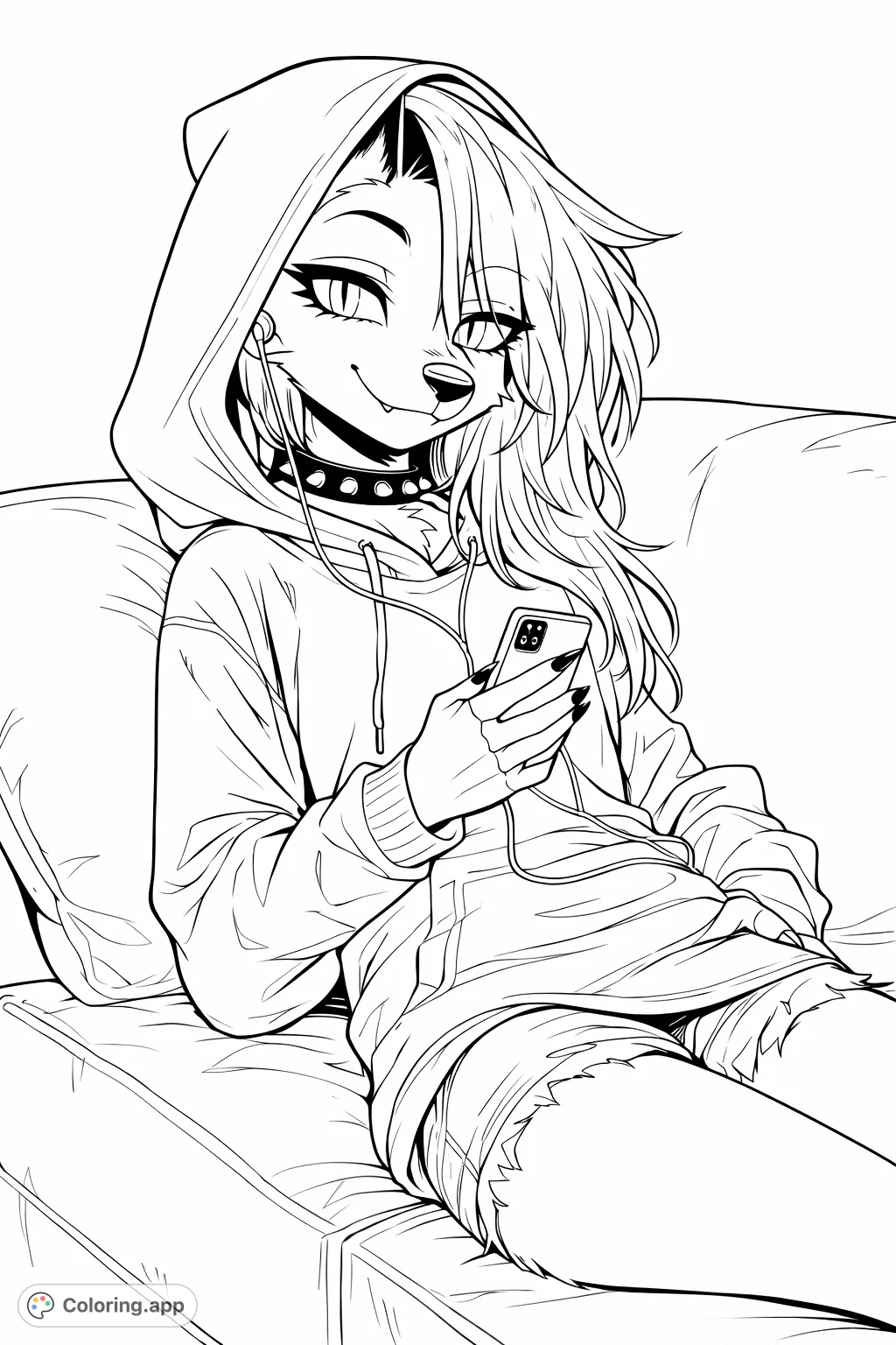 A cool anthropomorphic character unwinds on a sofa, engrossed in their smartphone. This casual scene offers fun coloring opportunities for all skill levels.