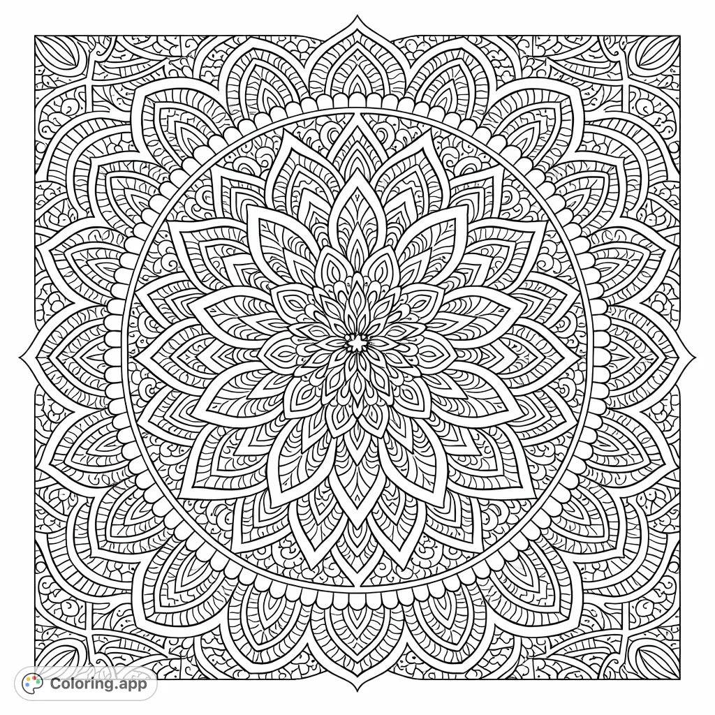 Explore an intricate mandala coloring page featuring complex geometric and floral patterns, designed for a meditative and challenging artistic experience.
