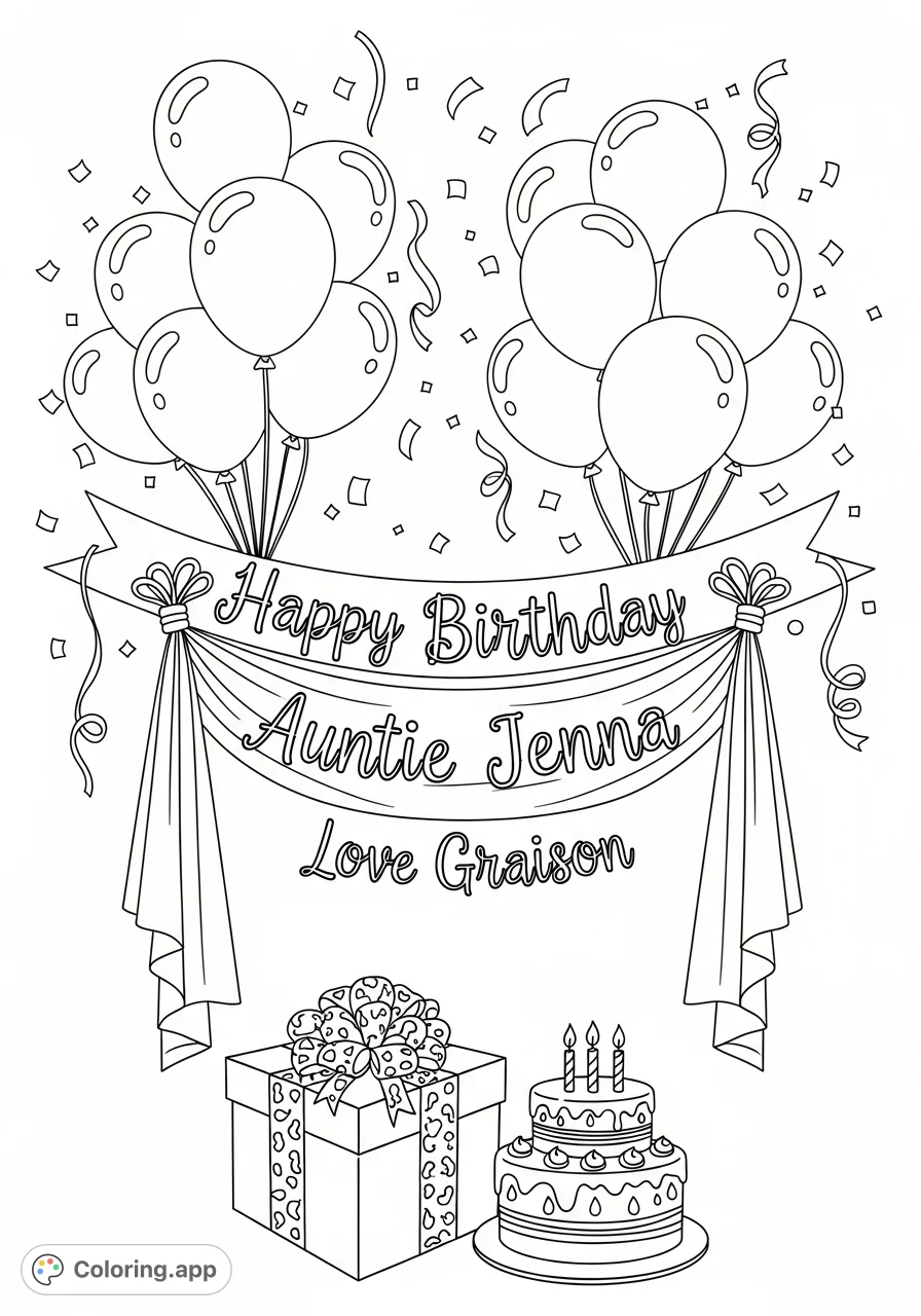 A festive birthday coloring page featuring a personalized "Happy Birthday Auntie Jenna love Graison" message, surrounded by balloons, confetti, and cake.