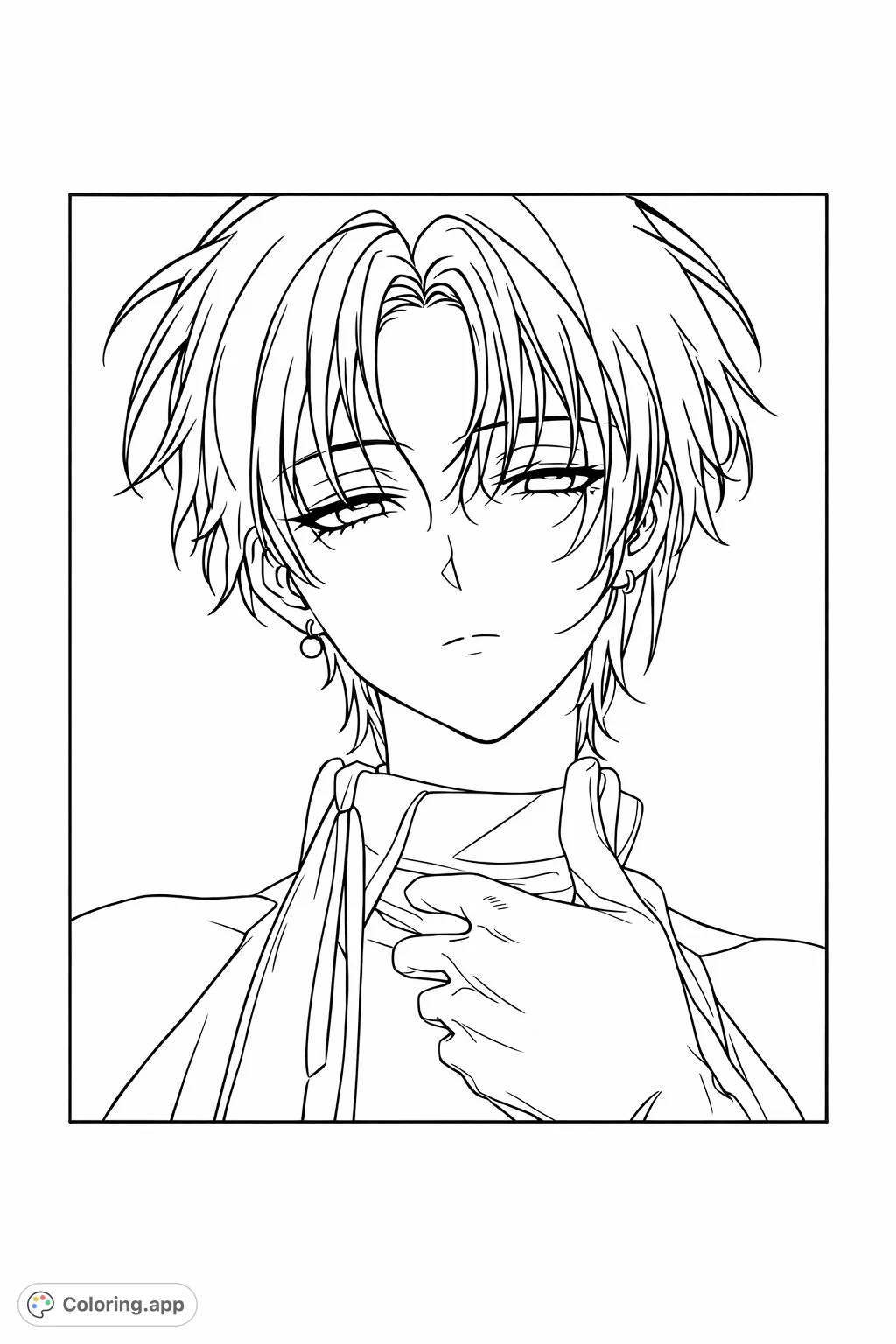 Color this captivating anime character with shaggy hair, a sophisticated garment, and a mysterious gaze. Perfect for fans of manga art and elegant designs.