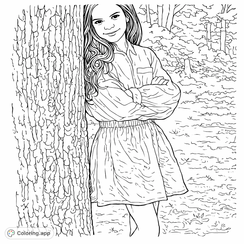 Capture a serene moment with a young girl smiling softly, leaning against a textured tree trunk in an outdoor setting. A charming and gentle coloring experience.