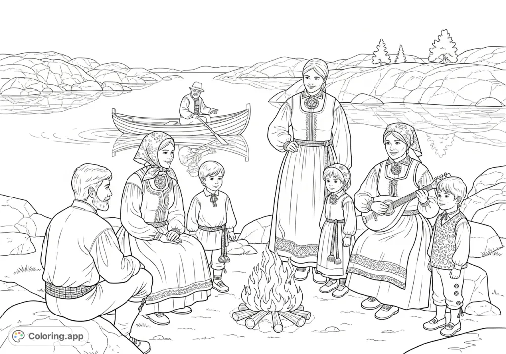 Experience a charming Finland-Swedish archipelago gathering with a family in traditional attire, a crackling bonfire, a boat, and a mandolin.