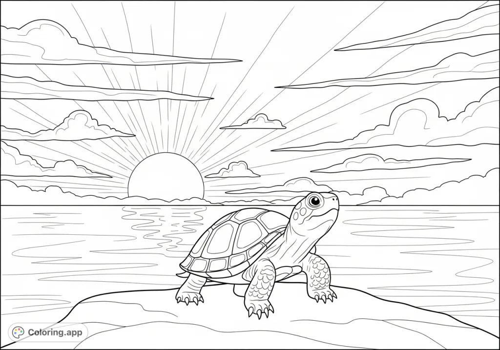 A charming baby turtle on a serene shore, silhouetted against a dramatic sunset sky. A free printable coloring page perfect for all ages.