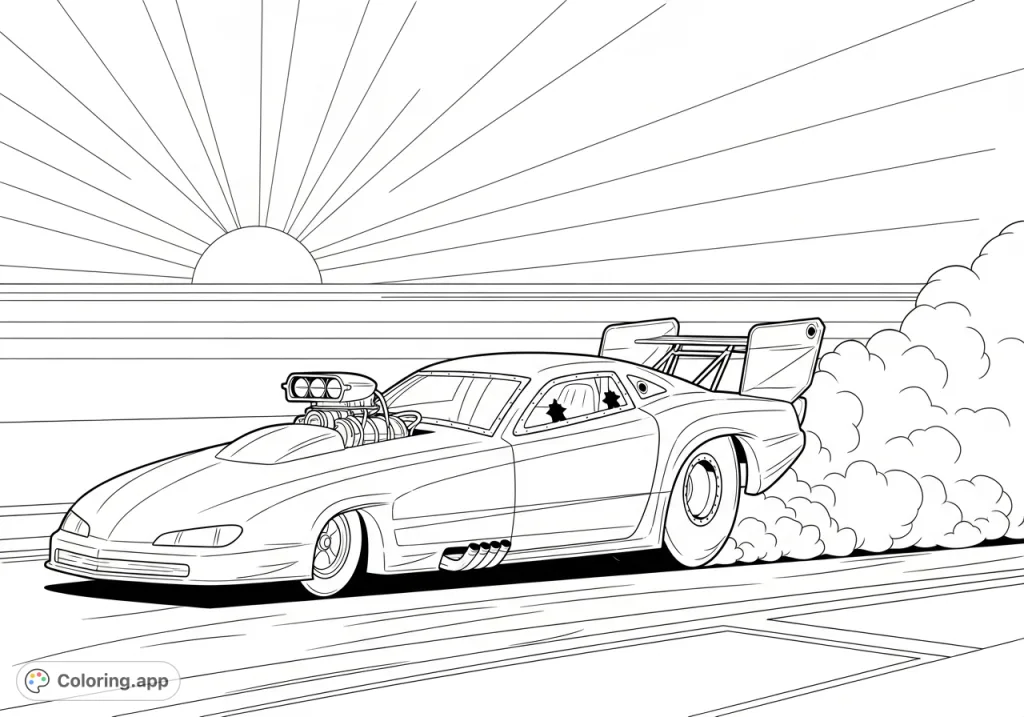 A powerful drag racing car in action, generating smoke as it speeds across the track, set against a dramatic horizon with a large celestial body.