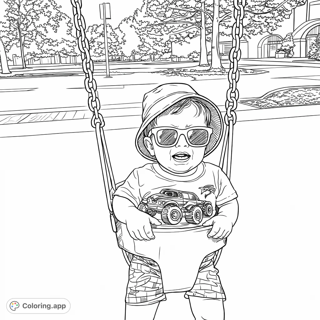A delightful scene featuring a baby enjoying a playground swing, wearing a hat and cool sunglasses. Perfect for little ones and parents alike!
