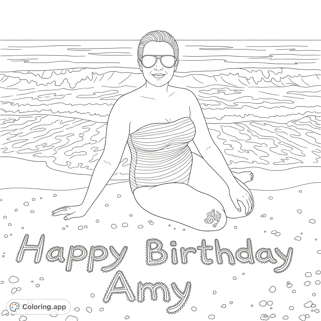 A serene beach scene featuring a person enjoying the sun, with a personalized 'Happy Birthday Amy' message etched in the sand, complete with ocean waves.