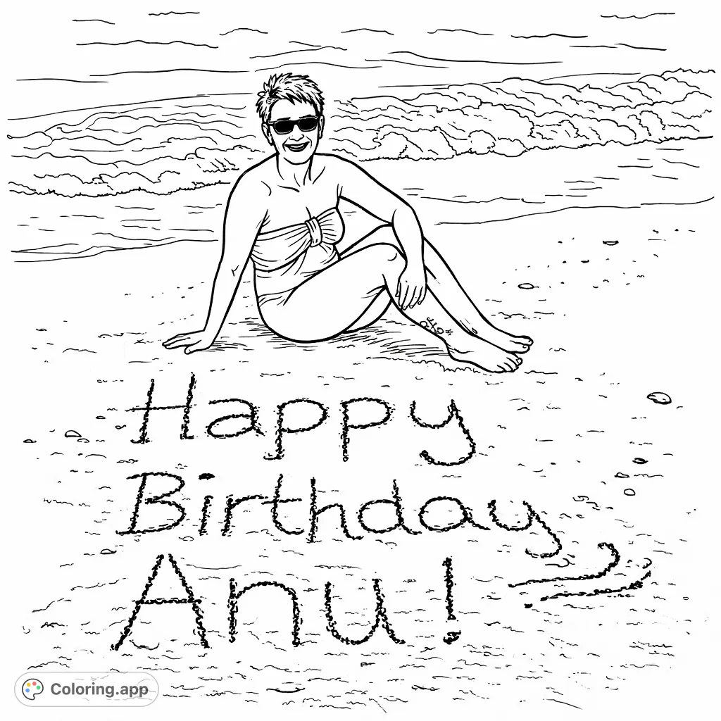 Celebrate with this beach scene! A smiling person sits by the ocean next to a "Happy Birthday Amy" message in the sand.