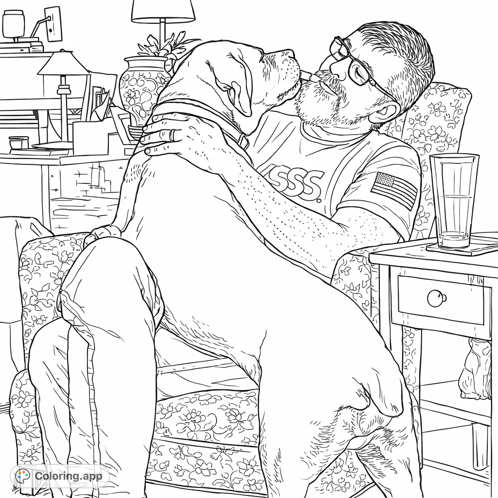 Capture heartwarming moments between a man and his loyal dog, sharing an affectionate embrace in a cozy living room setting. A delightful pet love coloring page.