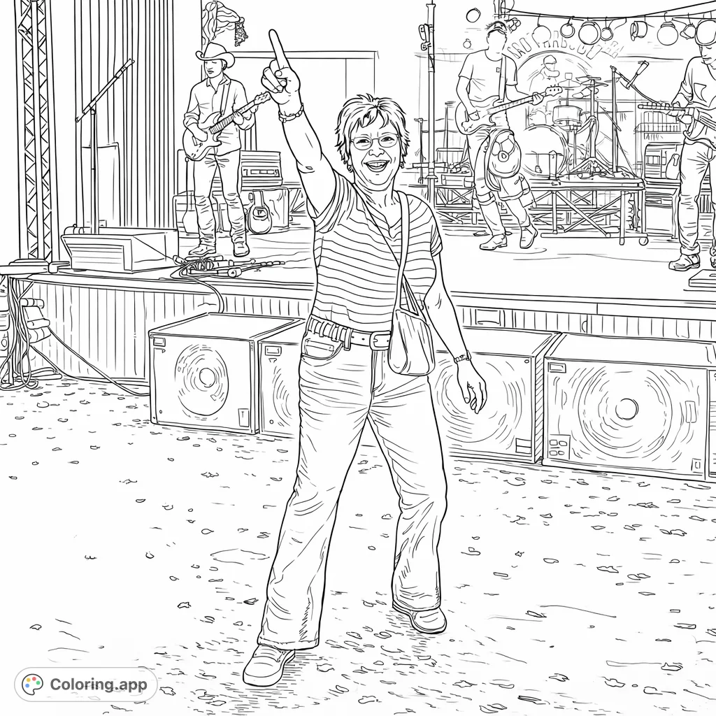 Capture the energetic vibe of a live music concert featuring a joyful dancer and a performing band on stage. Perfect for music lovers and creative expression.