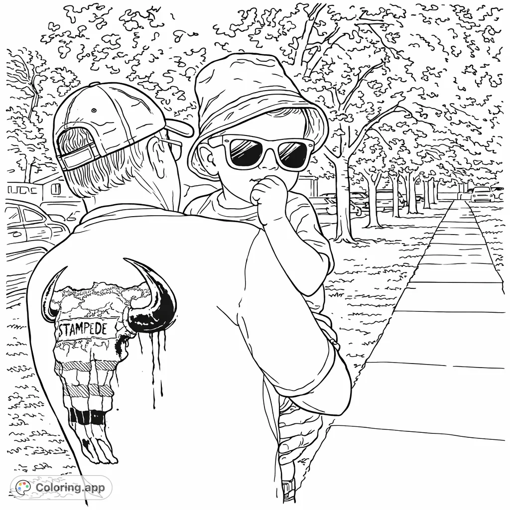 A heartwarming free printable featuring a guardian holding a cool baby in sunglasses and a hat on an outdoor stroll. Perfect for family-themed coloring.
