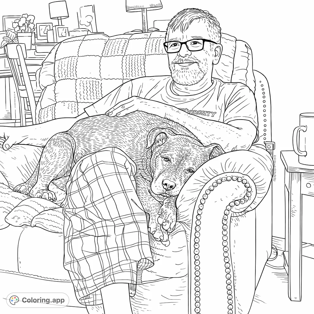 A heartwarming scene of a man relaxing in an armchair with his loyal dog nestled on his lap. Perfect for anyone who cherishes the bond with their pets.