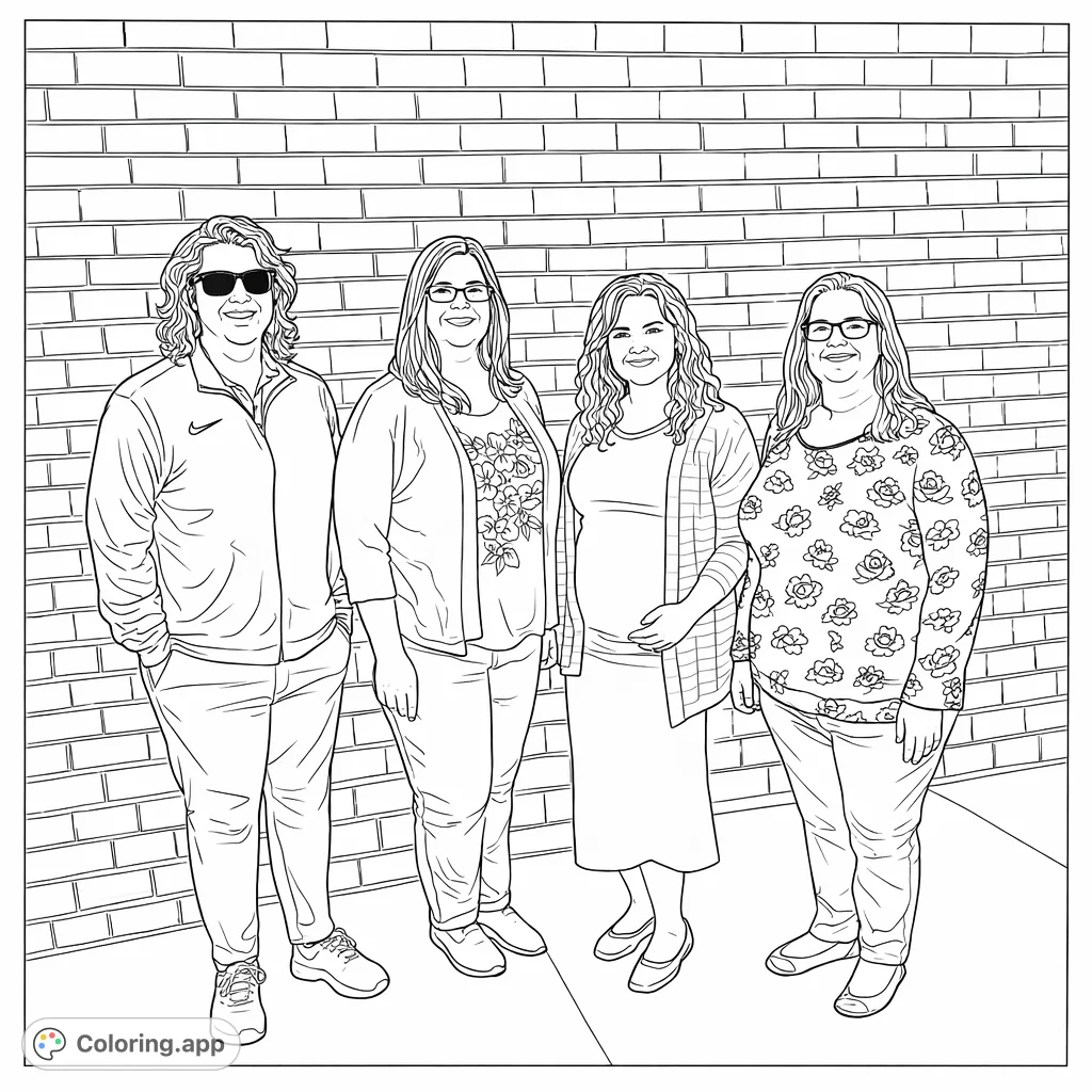 Capture joy with four friends standing together against a textured brick wall. A delightful portrait, perfect for personalizing with your favorite hues.