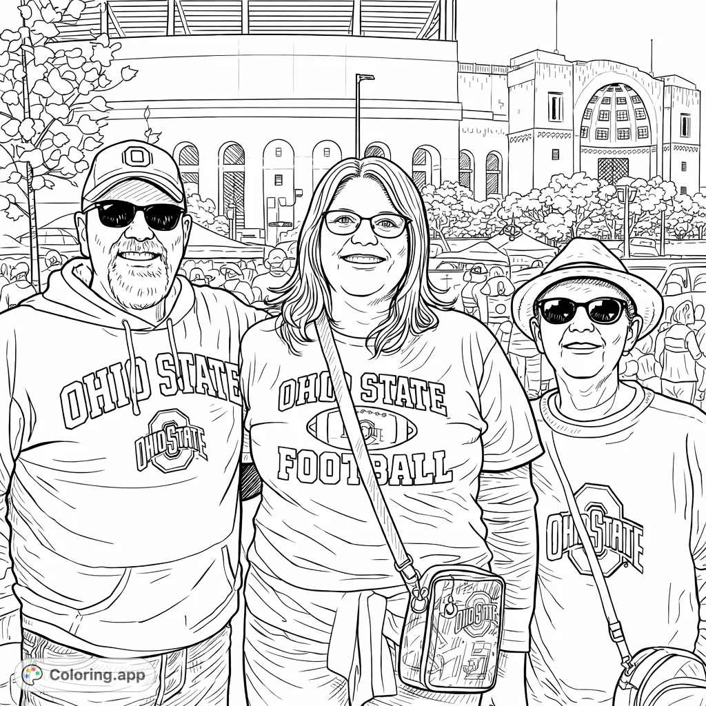Three cheerful fans at a lively sports event, featuring stadium architecture, detailed team apparel, and a bustling atmosphere for coloring.