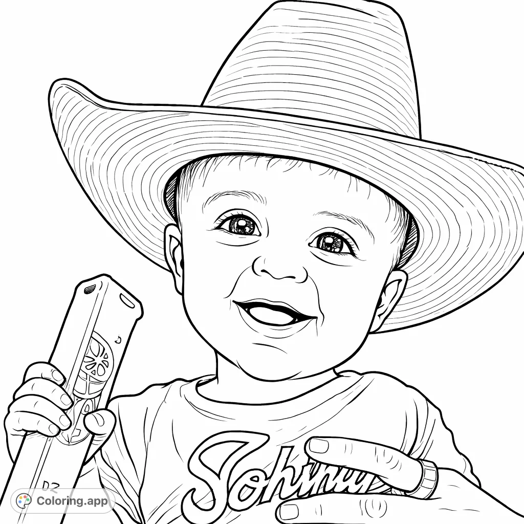 A delightful cowboy baby coloring page featuring a smiling infant in an oversized hat, holding a toy. Perfect for cheerful creative moments!