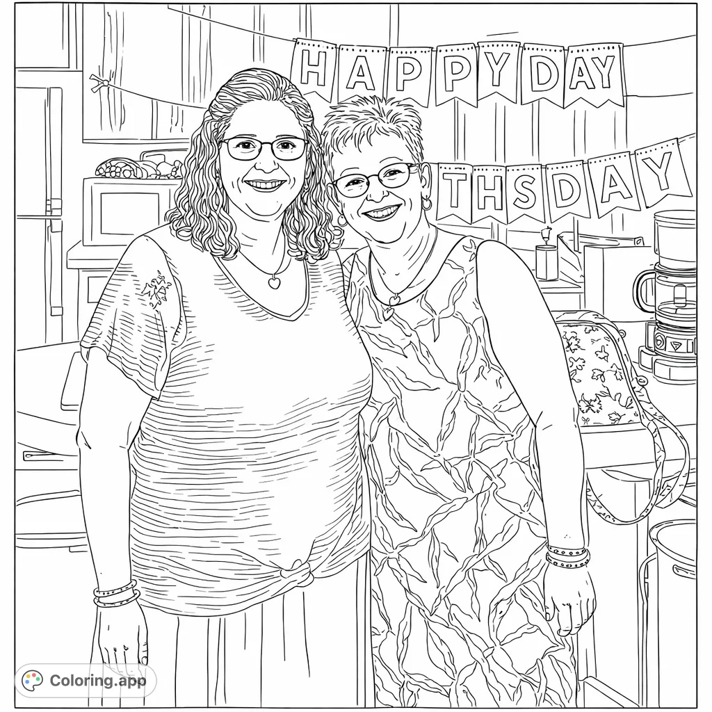 Two smiling friends embrace in a kitchen with a 'Happy Birthday' banner. A delightful scene for celebration, perfect for personalizing.
