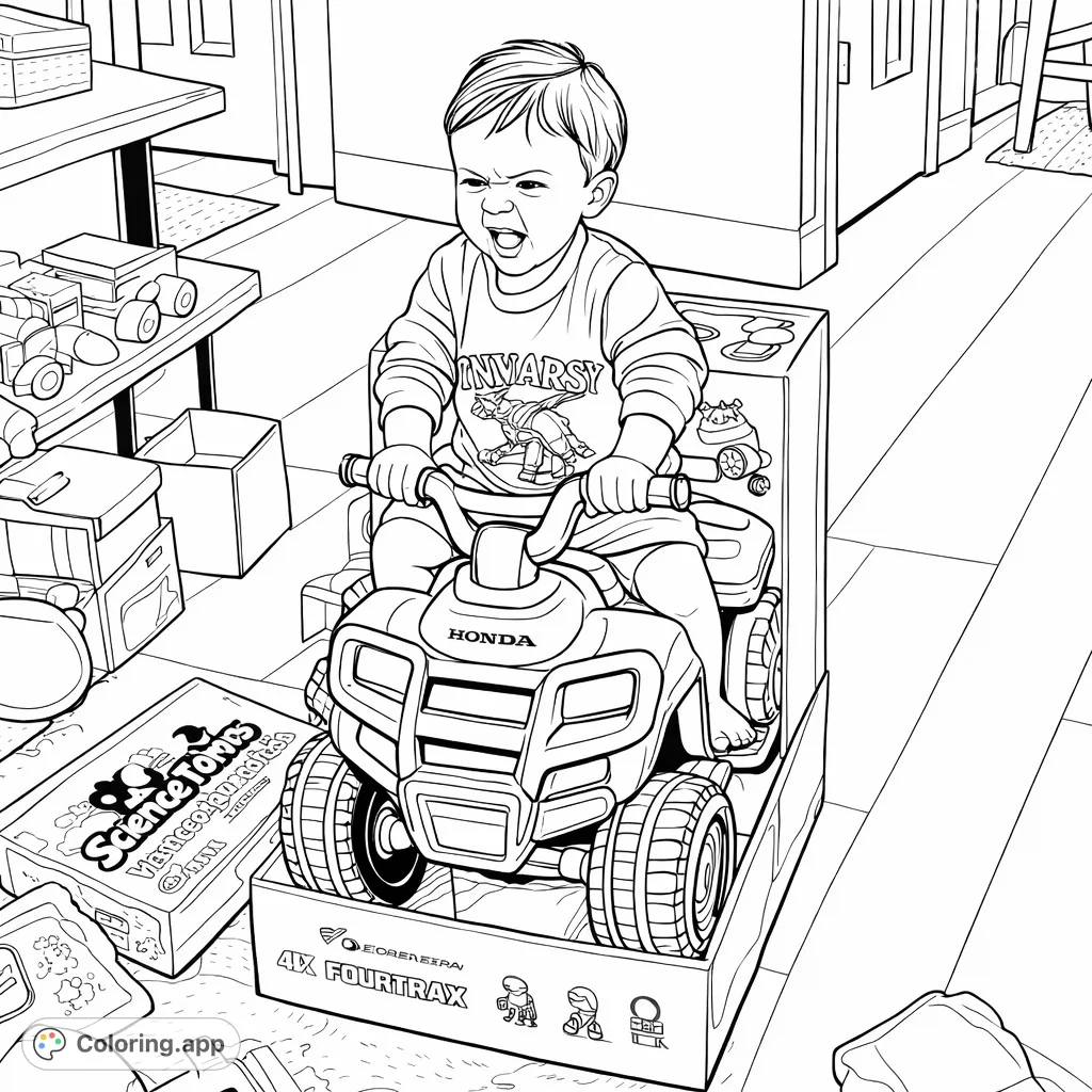 Capture the pure joy of a child on their new toy ATV. This fun coloring page features a happy baby ready for adventure, surrounded by toys.