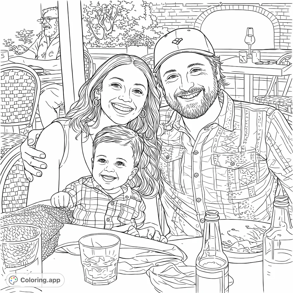 A heartwarming family portrait at an outdoor cafe, featuring parents and their baby enjoying a meal. Perfect for a joyful coloring experience.