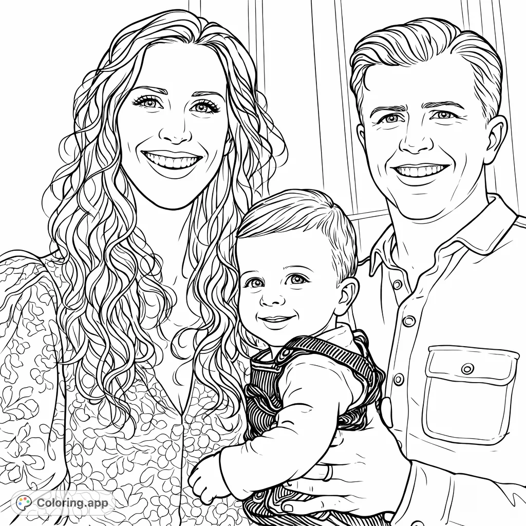 Capture the warmth of a happy family portrait featuring a mother, father, and their sweet baby. A heartwarming family coloring page for all ages.