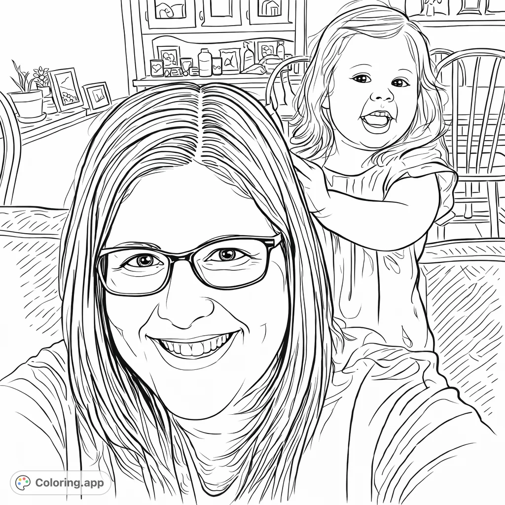 Capture a heartwarming family moment with this joyful parent and child coloring page, featuring expressive smiles and a cozy indoor setting for creative fun.