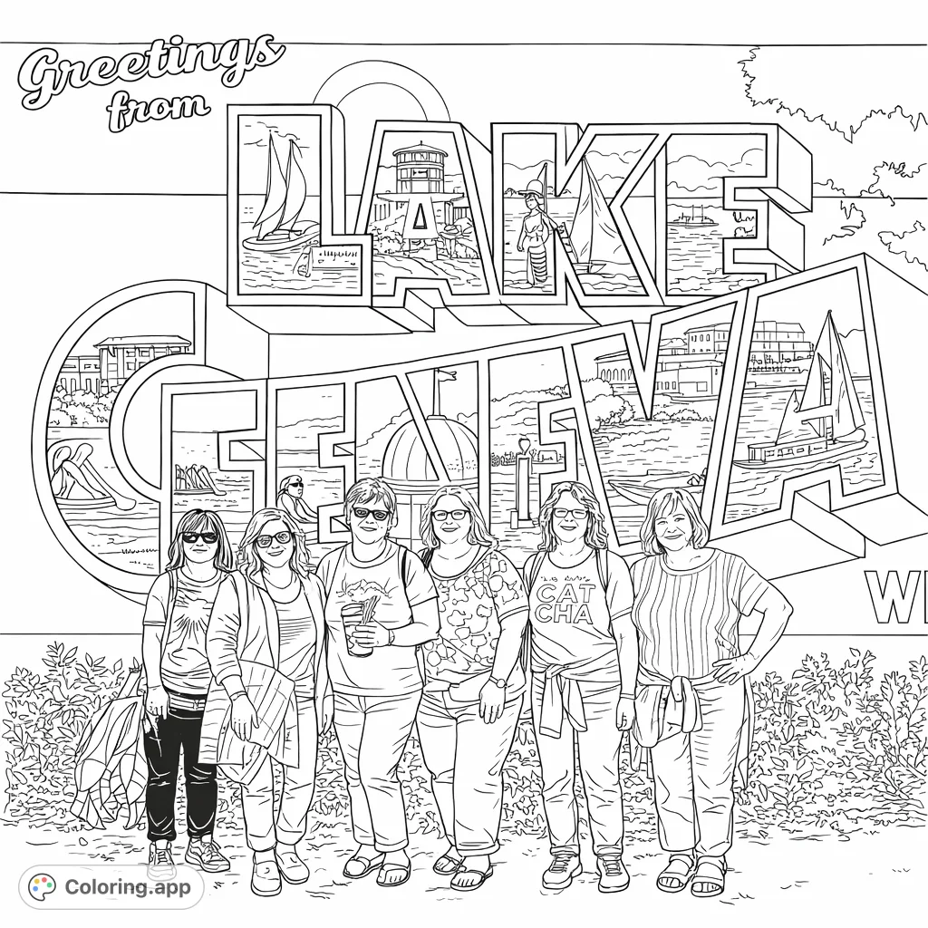 Explore iconic Lake Geneva scenes within a vintage postcard mural. Perfect for travel enthusiasts and detailed coloring fun.