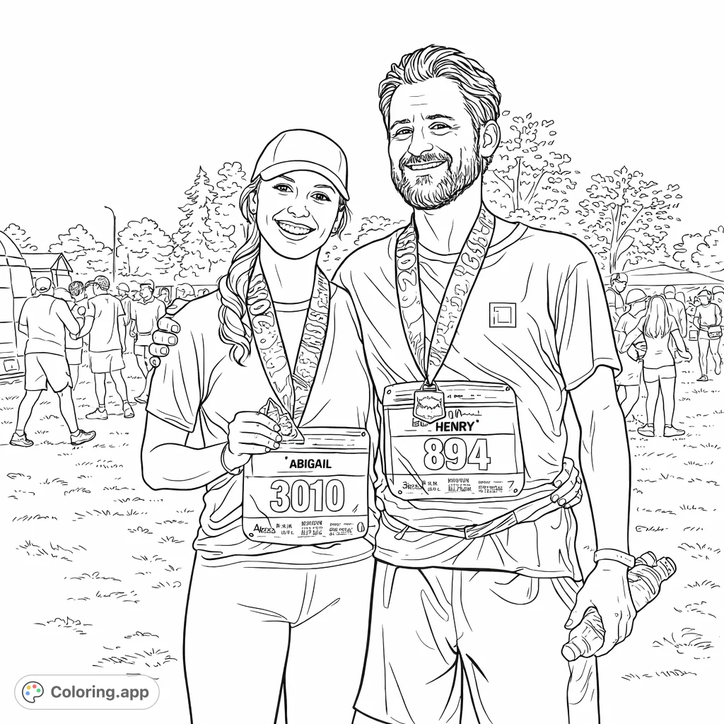 Celebrate achievement with this marathon finishers coloring page! Two smiling runners display their medals and bibs in a festive outdoor setting.