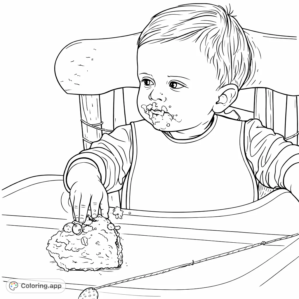 A delightful baby enjoys their first cake smash, covered in frosting and holding a slice, seated in a high chair. A joyous moment captured for coloring fun.