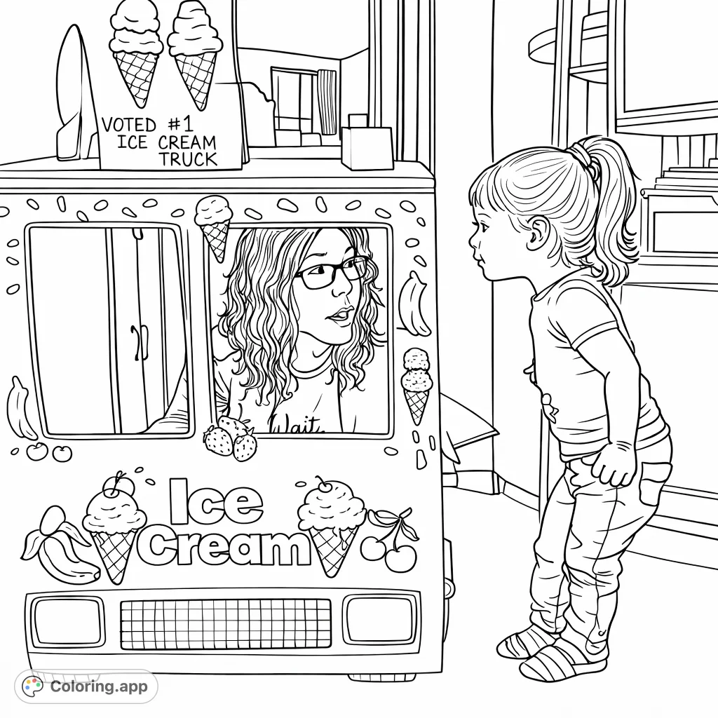 Enjoy a whimsical scene with an adult in a decorated cardboard ice cream truck and a child playfully interacting. A delightful ice cream truck coloring page!