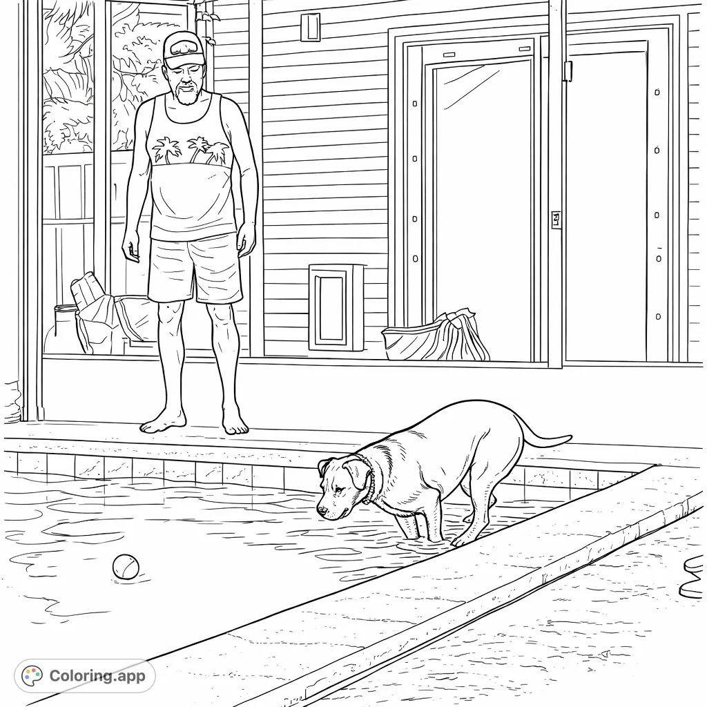 A heartwarming scene of a man and his dog enjoying a pool day. The playful pup eagerly approaches a floating ball while its owner watches.