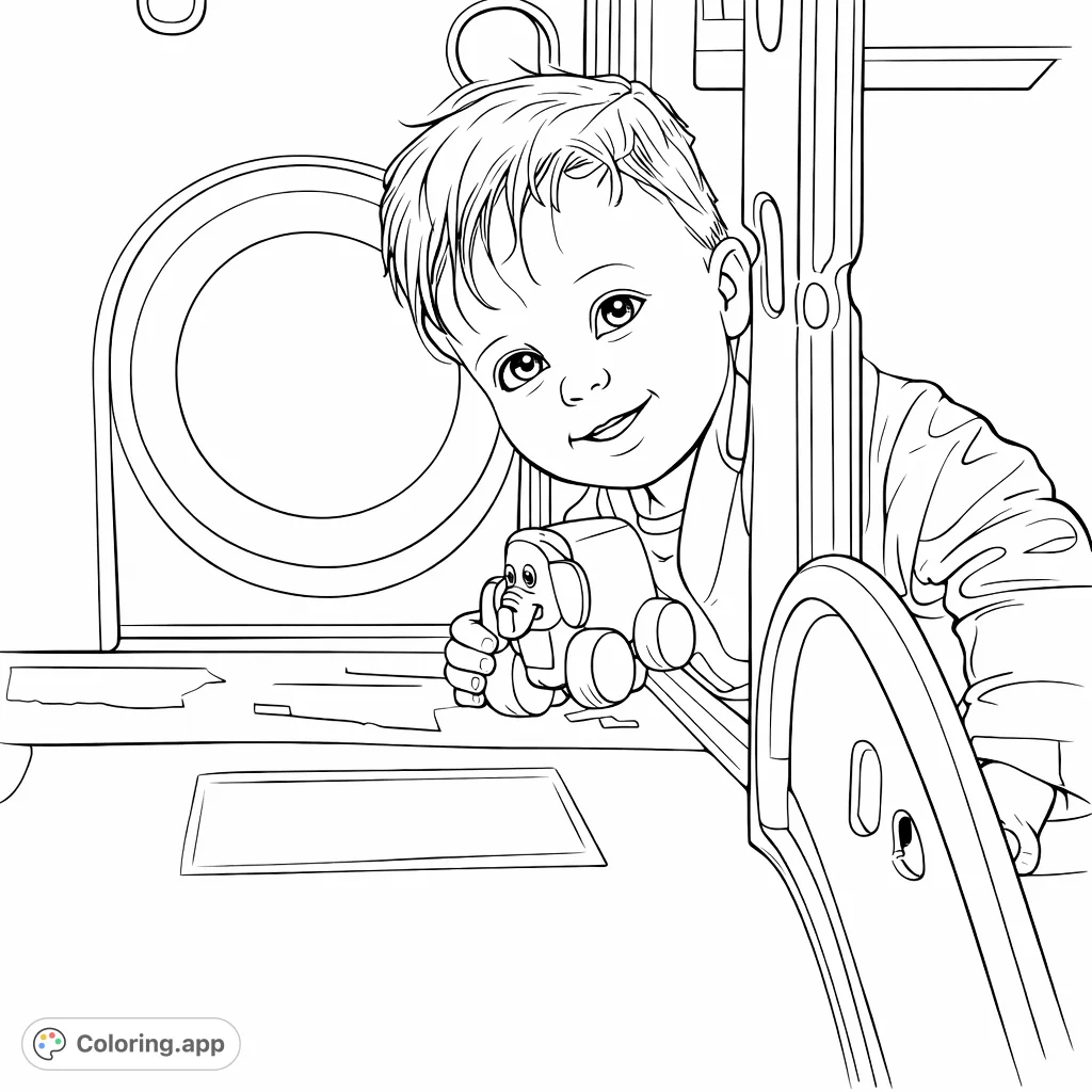 A delightful baby peeks from a play structure, holding an elephant toy, captured in a joyful moment perfect for a printable kids coloring page.