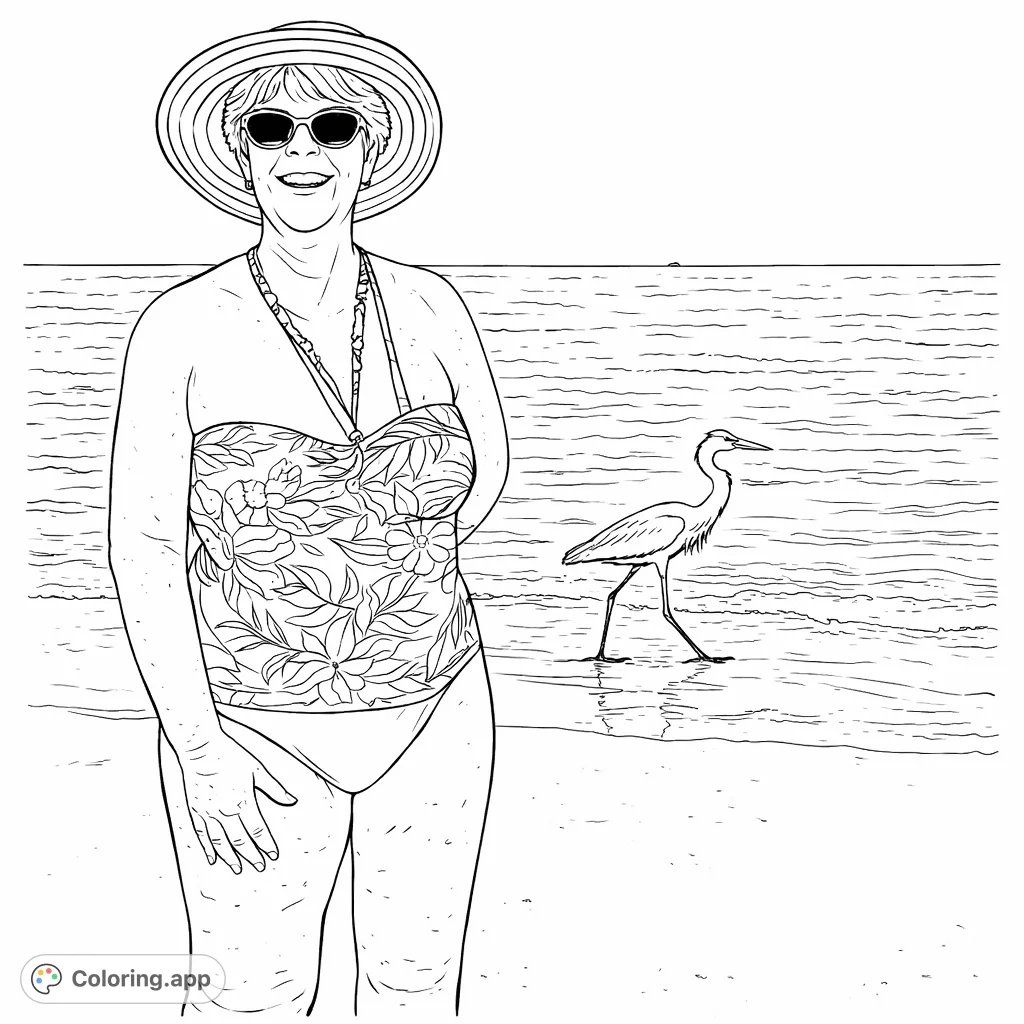 A smiling woman on a sunny beach, adorned in a floral swimsuit and hat, shares the serene coastline with a graceful wading bird in the shallow ocean.