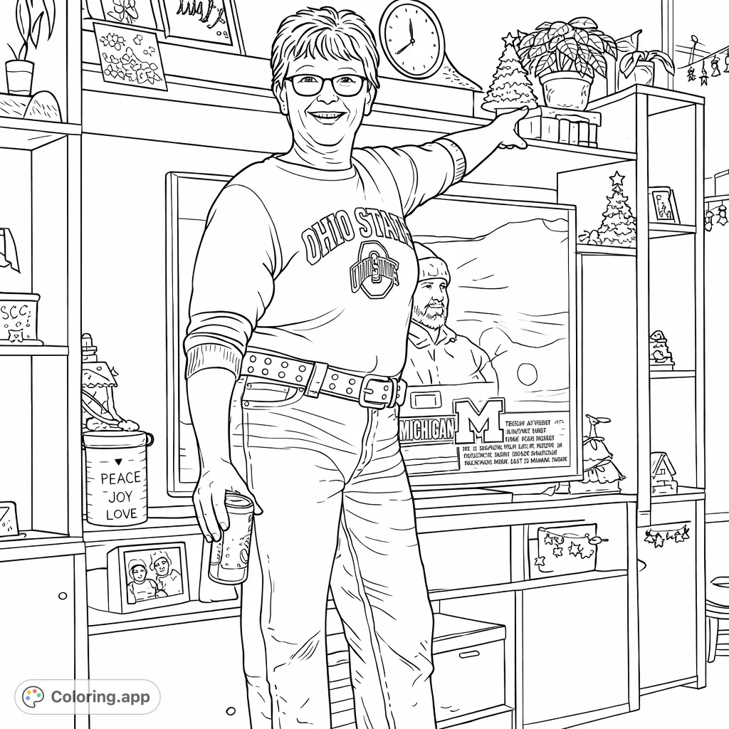 A cheerful woman poses in front of her decorated entertainment unit, featuring a TV, plants, and various knick-knacks. Perfect for personalizing with your favorite colors.