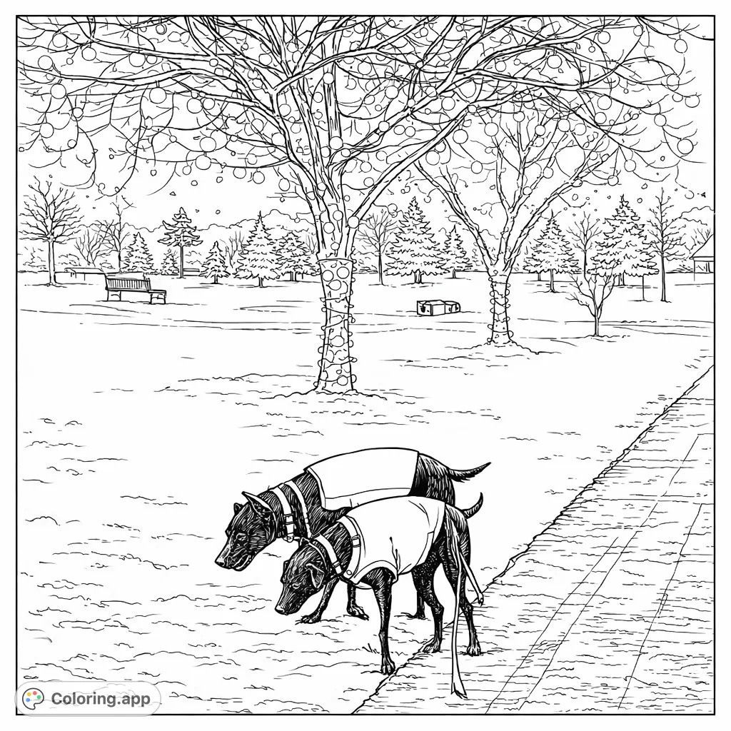 Two adorable dogs wander through a festive, snow-covered park illuminated by hundreds of twinkling lights. A perfect winter wonderland scene for coloring.