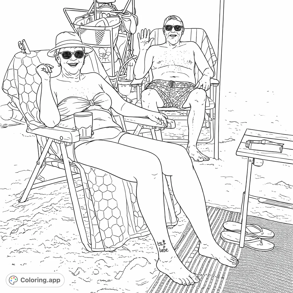 Capture a joyous beach day with a couple relaxing in chairs under the sun. Features detailed elements like sunhats, swim attire, and sandy textures for a delightful coloring experience.