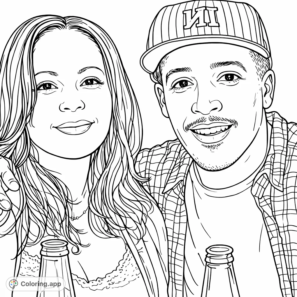 Capture the warmth of connection with this detailed couple portrait coloring page. Features intricate clothing patterns, expressive faces, and a casual setting.