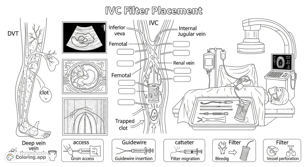 An educational IVC Filter Placement coloring page featuring detailed anatomical structures, medical instruments, procedural steps, and potential complications.