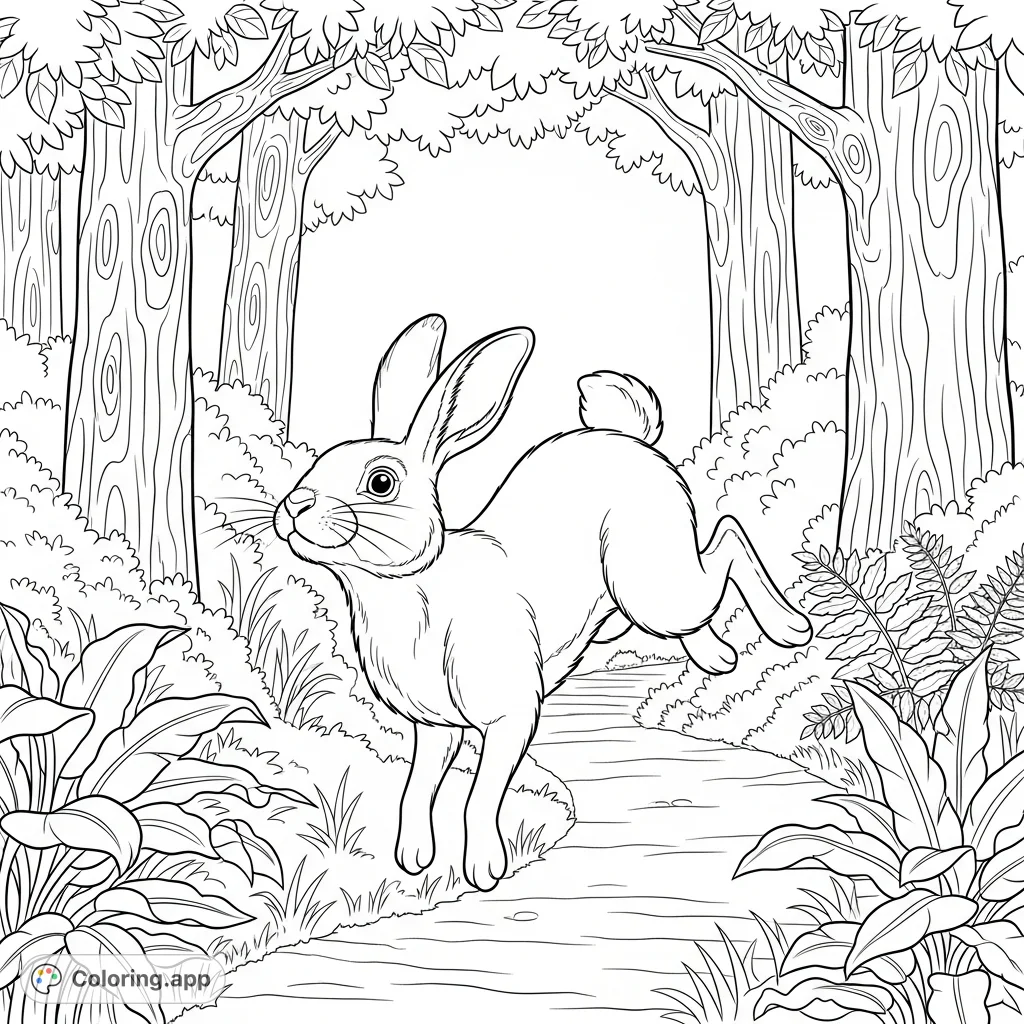 A charming forest rabbit coloring page featuring a curious rabbit mid-hop amidst lush woodland scenery. Perfect for animal lovers and nature enthusiasts.