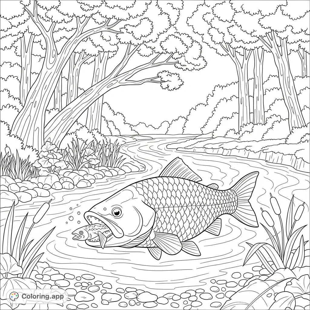Witness a captivating scene of a giant fish enjoying its meal in a tranquil forest river. This big fish coloring page offers intricate details of aquatic life and lush nature.